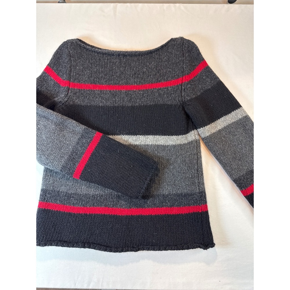 Sisley Italy Pure New Wool Striped Sweater Womens Grey Black Red Boat Neck